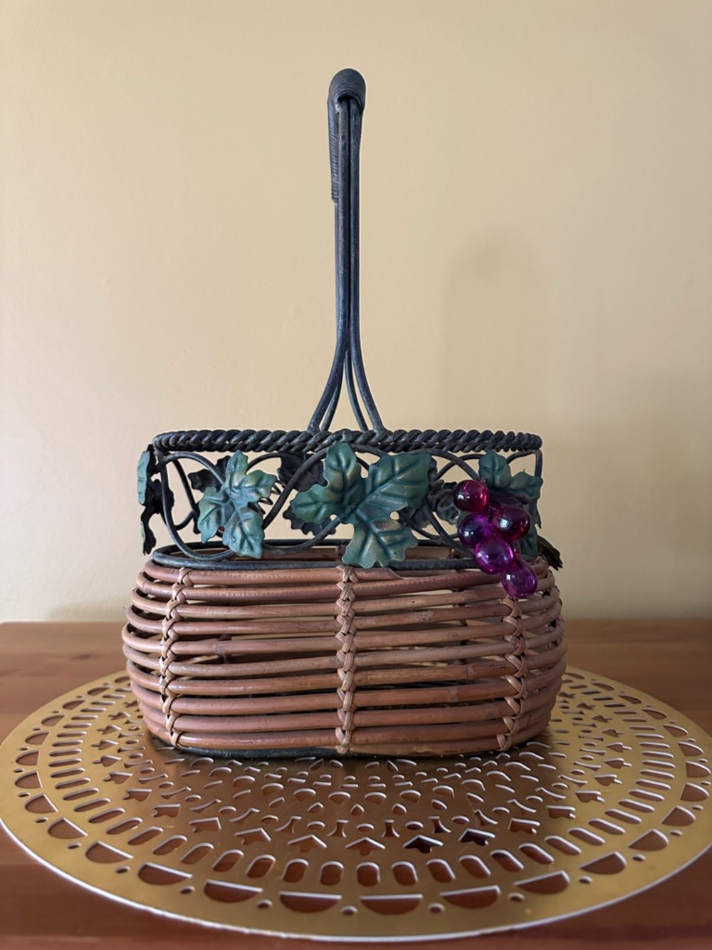 Woven Rattan Basket Handbag with Leaf and Grape Accent - Brown